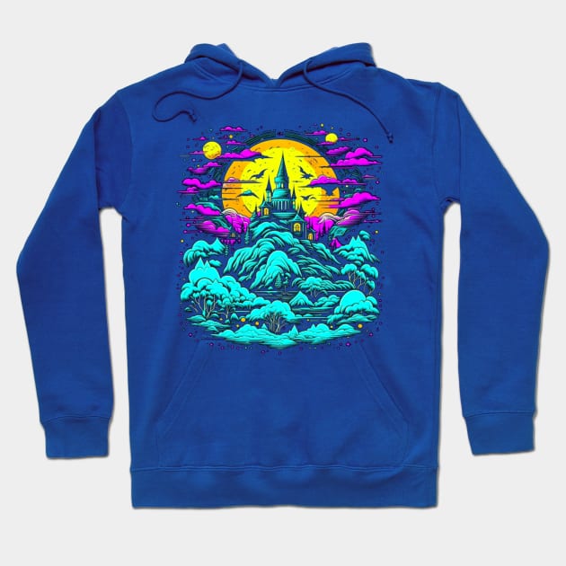 Haunted Castle On A Psychedelic Dreamscape Hill Hoodie by vystudio